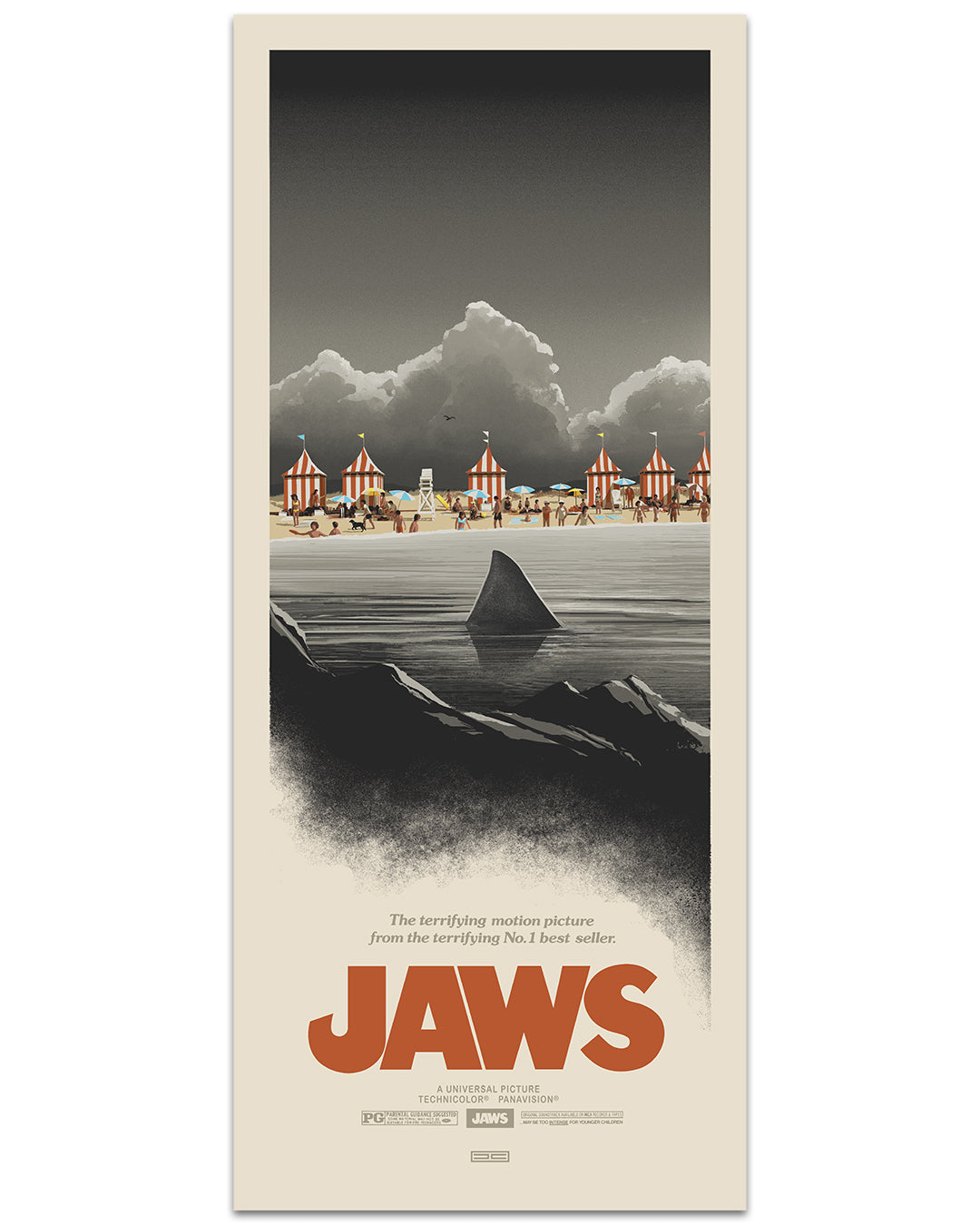 JC Richard's stylized screen print for Jaws 50th Anniversary features a shark fin in dark water with a vibrant beach town and swimmers behind, and the bold title "JAWS" displayed at the bottom.