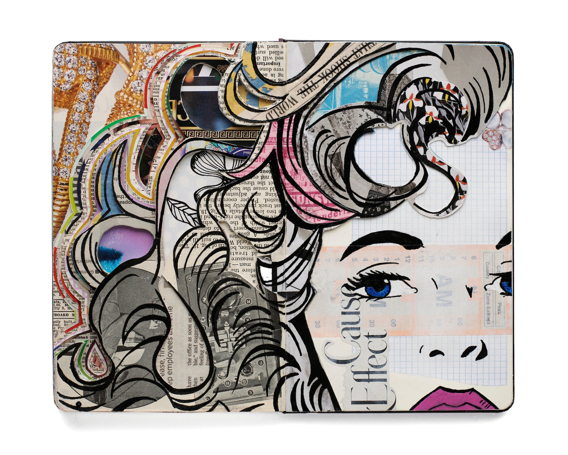 Mixed media collage on an open Moleskine notebook of a woman's face in a comic-like style by Joshua Horkey