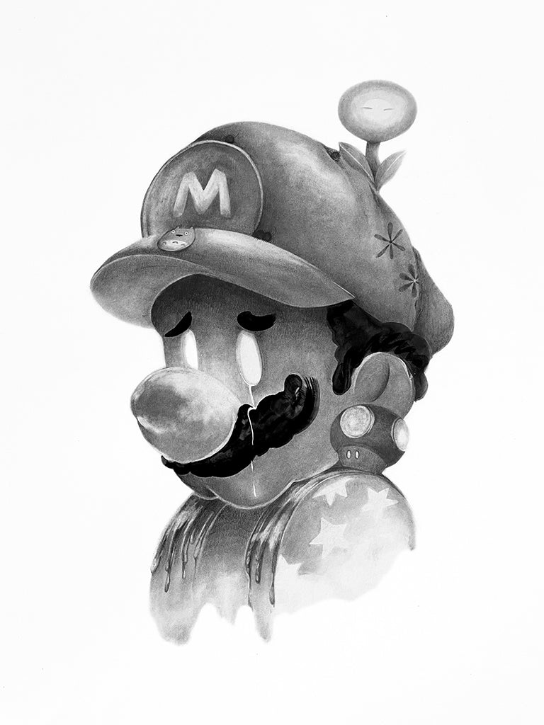 Black and white illustration of a character wearing a cap with an 'M' logo.