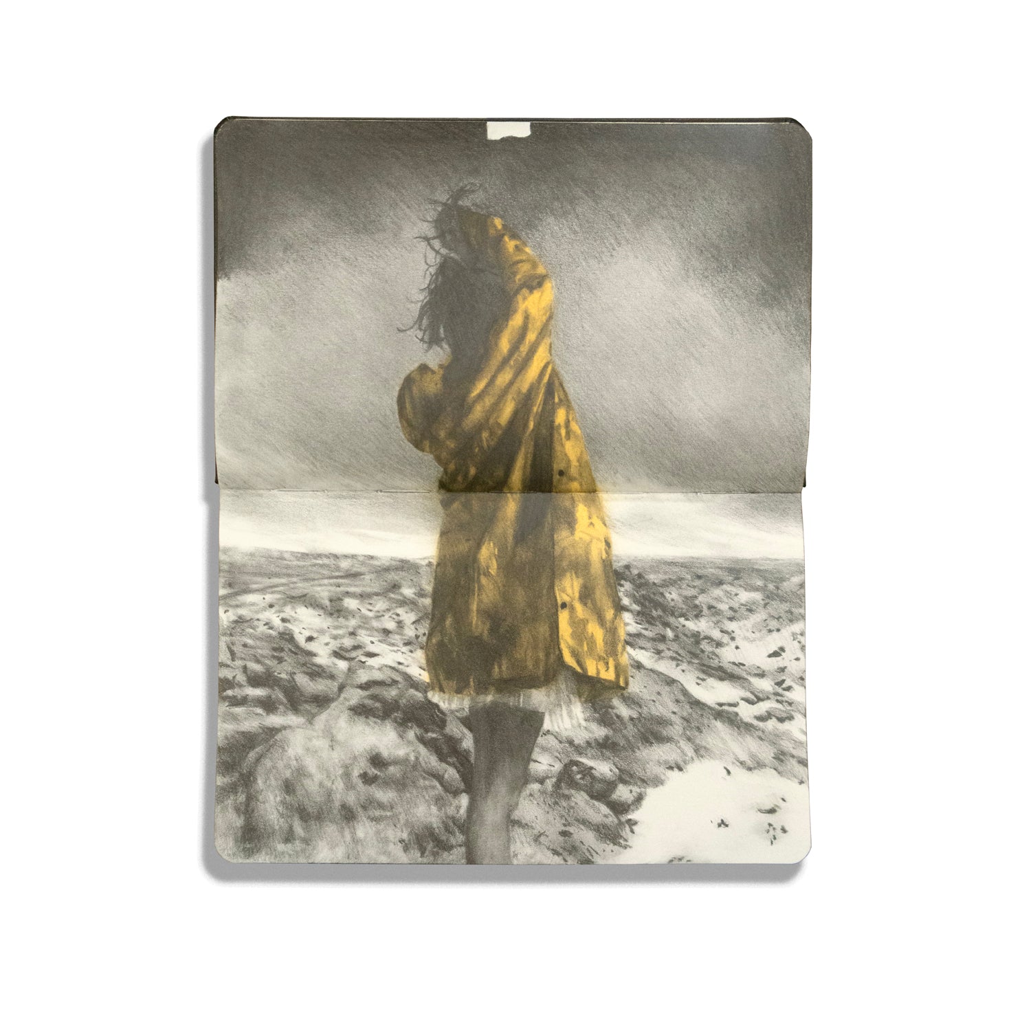 open face Moleskine notebook with a painting of a woman wrapped in a large yellow raincoat against an agitated ocean background by artist James Thistlethwaite