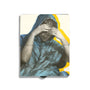 open face Moleskine notebook with a painting of a person wearing a blue hooded garment holding their head in their hands with a yellow shadow by artist James Thistlethwaite