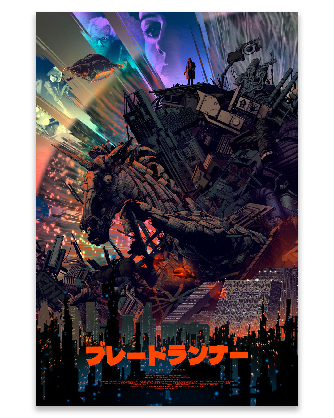 A vibrant, futuristic cityscape with neon lights, robots, holograms, and Japanese text at the bottom references the film Blade Runner. Dark, dramatic colors and layered sci-fi imagery dominate the scene in this striking screen print from Kevin Tong.