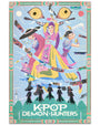 A vibrant screen print poster by Jason Raish shows three fierce Mudang Demon Hunters in colorful Korean and K-pop attire with weapons beneath watchful yellow eyes. Shadowy figures loom, with bold text: KPOP DEMON HUNTERS.