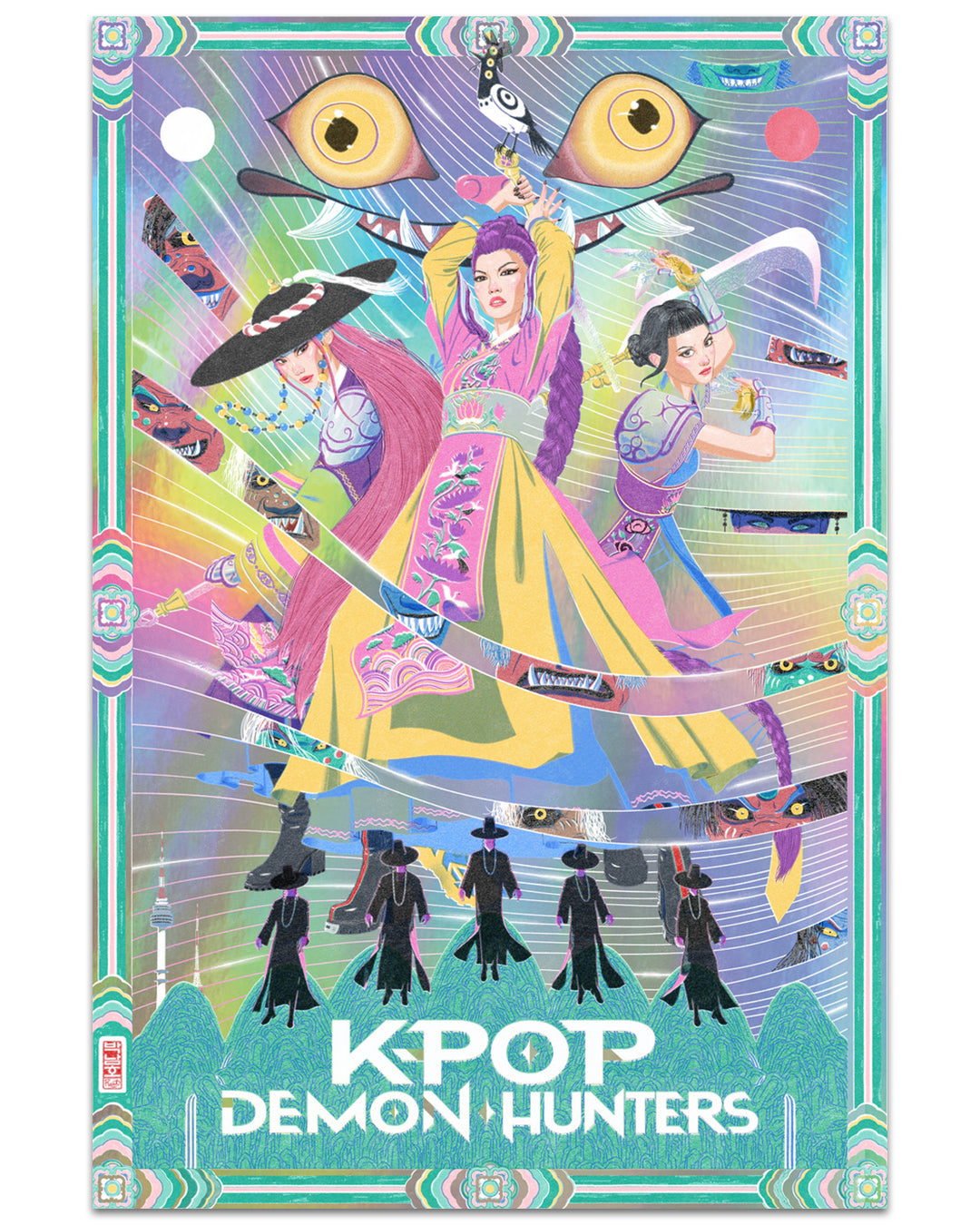 Colorful illustrated poster by Jason Raish features three fierce women in elaborate Korean-inspired costumes wielding swords, with large eyes above them. "Mudang Demon Hunters" and "KPOP DEMON HUNTERS" appear at the bottom in vibrant style. Brand: Jason Raish.