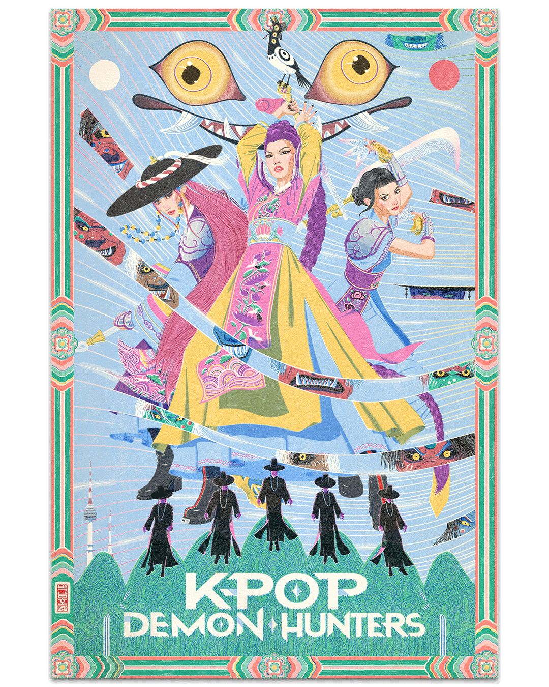 Three women in vibrant, Korean-inspired outfits wield swords heroically as large yellow eyes, blades, and masks loom above. "KPOP DEMON HUNTERS" appears below on this Mudang Demon Hunters screen print by Jason Raish.