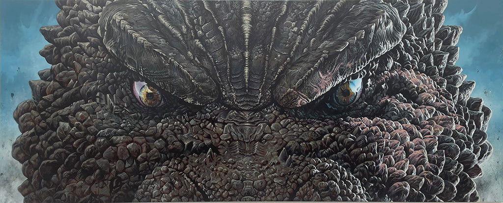 Painting of Godzillas eyes close up on a blue sky background