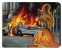 Painting of a squirrel sitting on orange fire hydrant while a white police car burns in the background on an open Moleskine notebook by artist Jason Edmiston