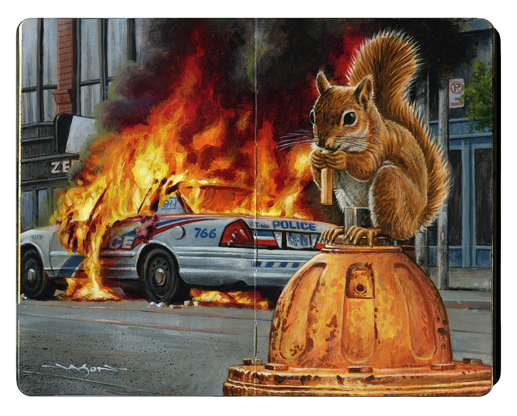 Painting of a squirrel sitting on orange fire hydrant while a white police car burns in the background on an open Moleskine notebook by artist Jason Edmiston