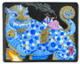 painting on an open face Moleskine notebook of a blue mythical beast with various colored spots and a man reclined on its back by artist Jason Raish