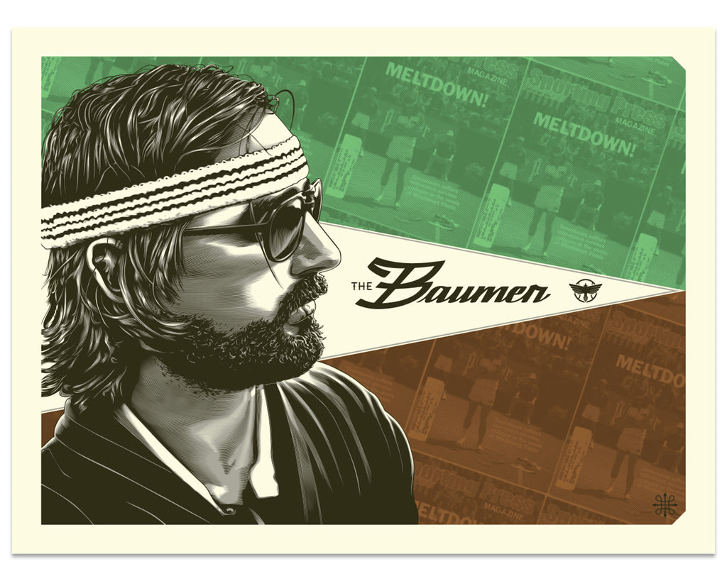 Jeff Boyes - Richie Tenenbaum portrait with headband, text "The Baumer" with green and brown background