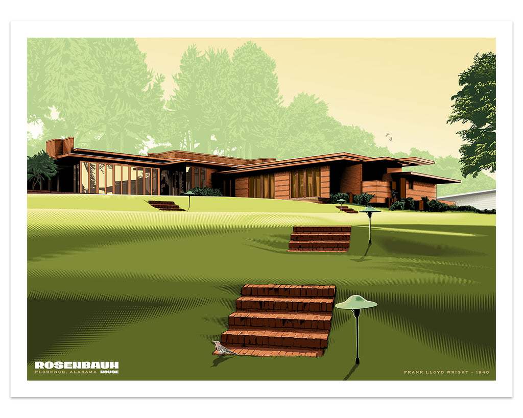 Print of Frank Lloyd Wright's Rosenbaum House. Large green lawn with 4 sets of brick stairs leading up to the house. The house is square and flat with lots of rectangular windows. 