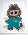 A whimsical creature with big eyes, fluffy fur, and cat-like ears wears a teal 101 jersey. Abstract splashes pop on the white background in this signed and numbered Joey Feldman archival pigment print.