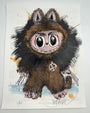 A whimsical Joey Feldman illustration depicts a wide-eyed creature with large ears, bushy fur, sharp claws, and a peace symbol necklace—hand-painted details enhance its playful expression against a splattered background.