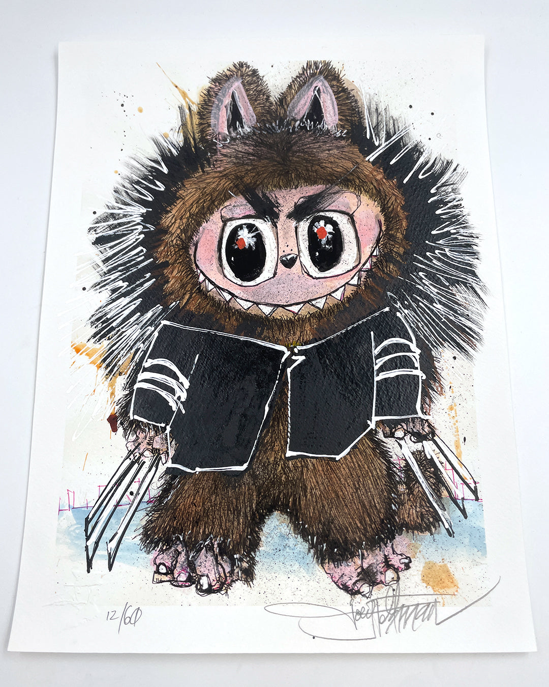 Illustration by Joey Feldman of a cute, wide-eyed creature in a furry costume with animal ears, claws, and an intense expression—like Wolverine meets teddy bear—with hand-painted embellishments for texture and depth.