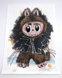 A colorful archival pigment print by Joey Feldman features a wide-eyed cartoon character in a stitched jacket and furry animal suit with Wolverine-like claws, set against a splattered background. Signed at the bottom.
