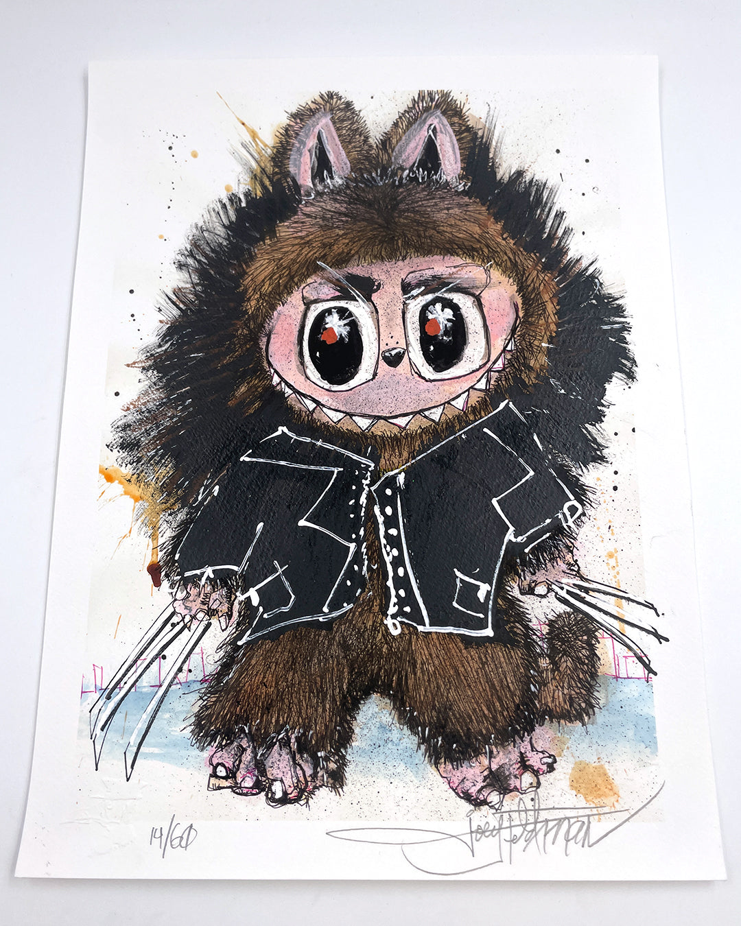 A colorful archival pigment print by Joey Feldman features a wide-eyed cartoon character in a stitched jacket and furry animal suit with Wolverine-like claws, set against a splattered background. Signed at the bottom.
