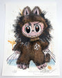 A Joey Feldman archival pigment print depicts a cartoon creature with big eyes, thick fur, claws, and pointed ears. It has colorful background splashes and hand-painted embellishments, and is signed and numbered.