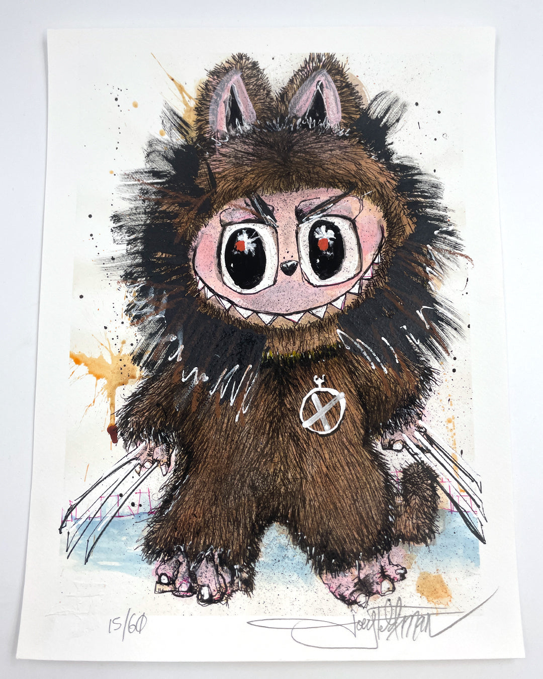 A Joey Feldman archival pigment print depicts a cartoon creature with big eyes, thick fur, claws, and pointed ears. It has colorful background splashes and hand-painted embellishments, and is signed and numbered.