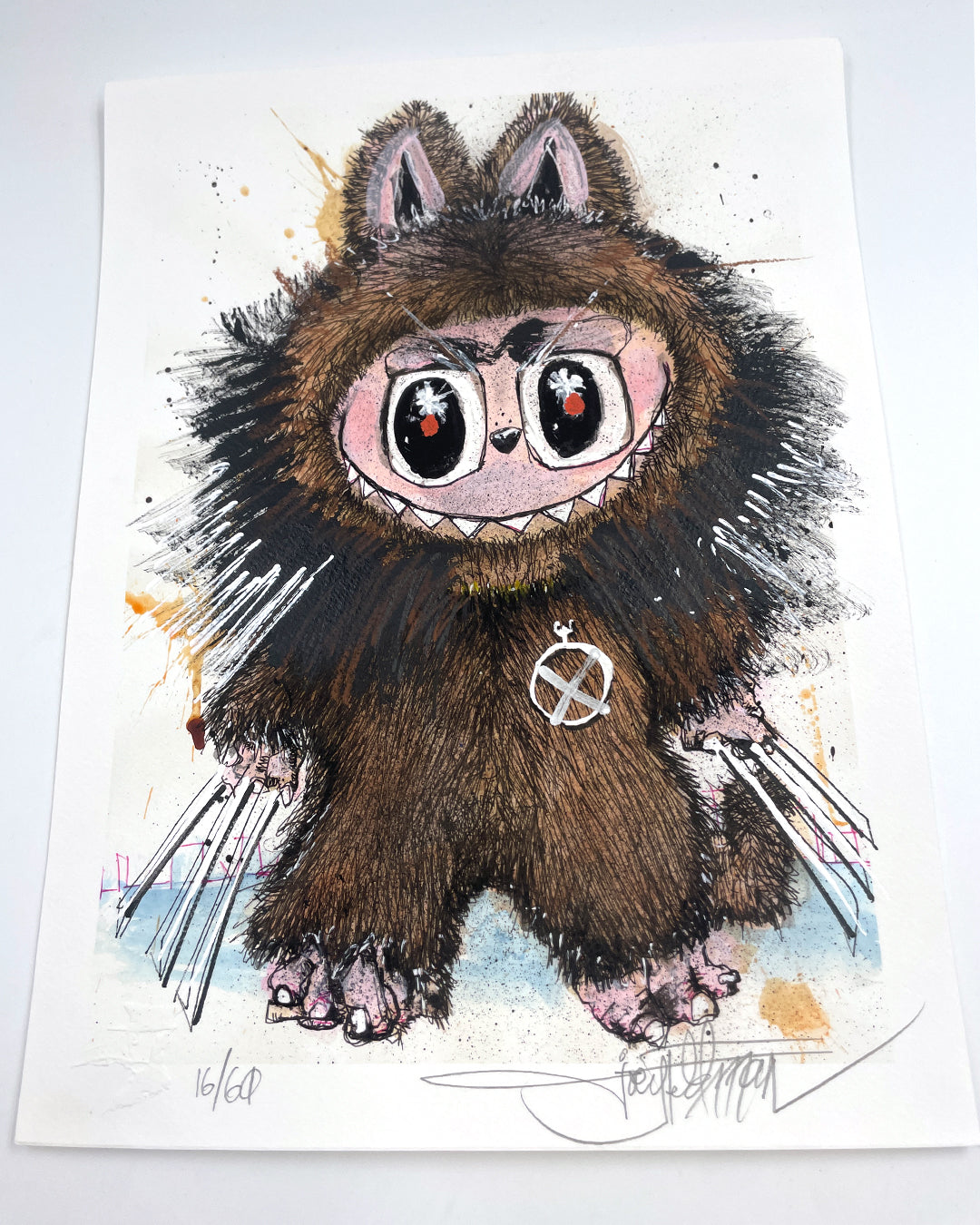 A whimsical, furry creature with big eyes, pointy ears, a large grin, and long claws stands upright in a multicolored fur coat and peace sign necklace. Archival pigment print by Joey Feldman.