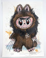 A cartoonish creature with big eyes, bushy brows, and sharp claws stands upright in a furry brown suit with animal ears and a metallic X emblem, set against a splattered background inspired by Joey Feldman’s style. Brand: Joey Feldman.