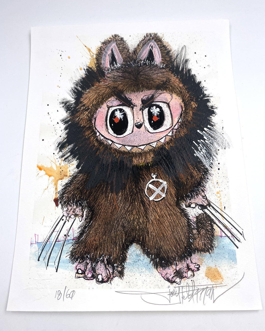 A vivid Joey Feldman archival pigment print depicts a furry, Wolverine-like creature with clawed hands, pointed ears, and an X symbol necklace. Bold lines and color energize this signed artwork.