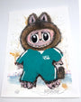 A whimsical Joey Feldman archival pigment print depicts a big-eyed, furry creature in a teal tracksuit numbered 456. Bear-like ears, claws, and a toothy grin stand out amid hand-painted embellishments and a paint-splattered background.