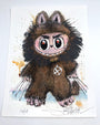 A Joey Feldman archival pigment print, signed and numbered 20/60, shows a character in a furry brown bear suit with sharp claws, large red eyes, a peace sign necklace, and is framed by paint splatters and hand-painted details.