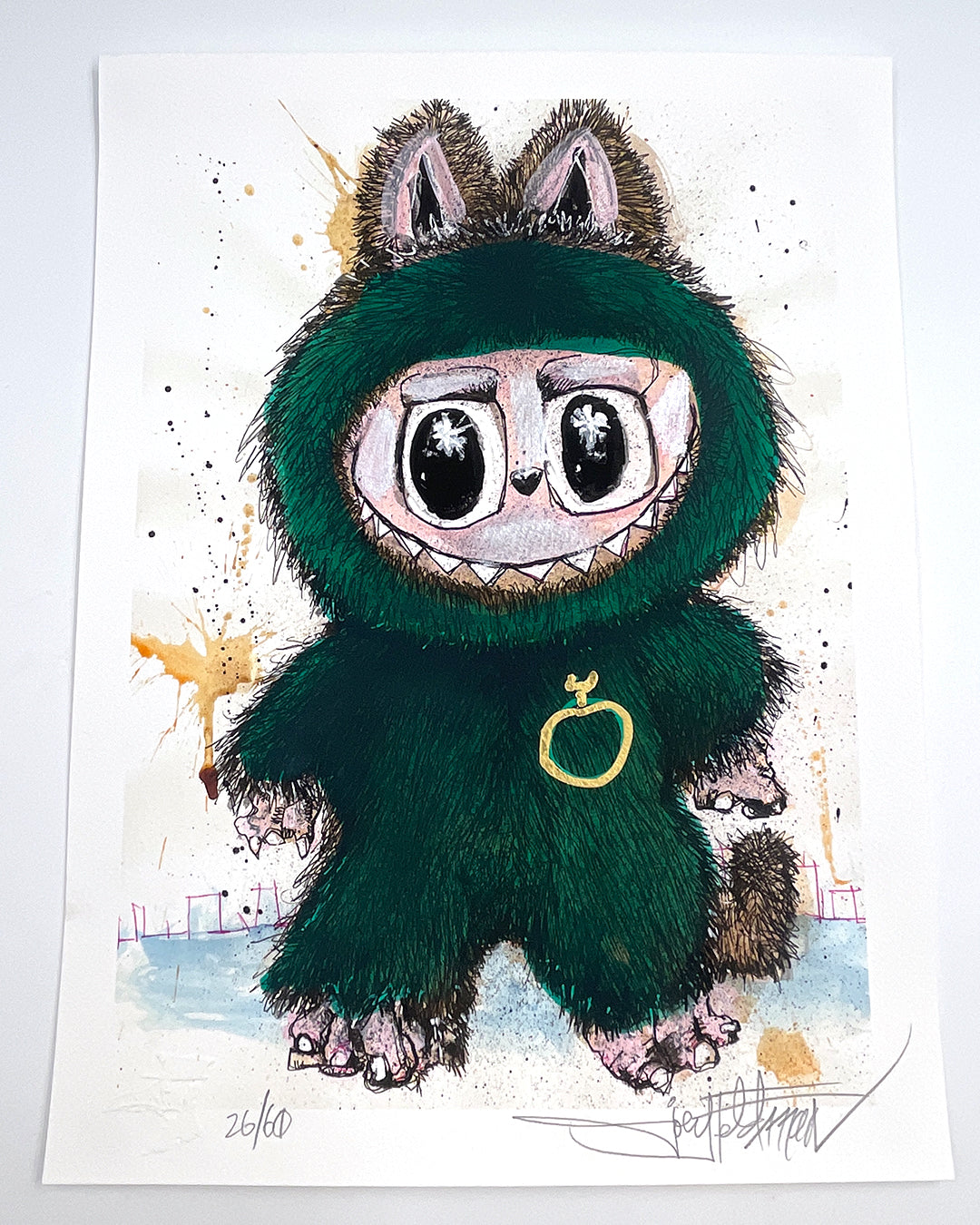 A wide-eyed figure in a fuzzy green bear costume stands on white in this Joey Feldman archival pigment print, featuring a gold ring on the chest. The print is signed, numbered 26/60, and comes from Joey Feldman.