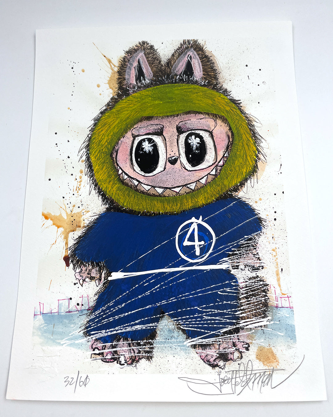 A whimsical Joey Feldman archival pigment print of a furry creature in a blue suit with a white 4, large eyes, sharp teeth, and bear-like ears on an abstract splash and sketchy line background.