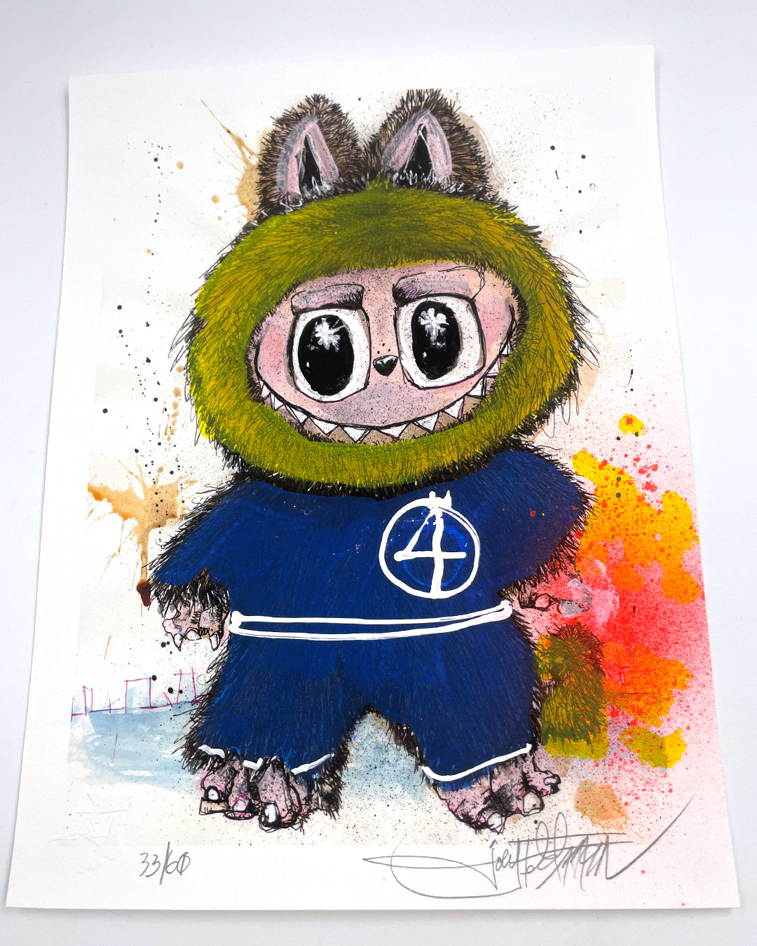 A vibrant Joey Feldman artwork features a fuzzy, wide-eyed creature in a blue suit with animal ears and claws, accented by bold orange and yellow splashes and hand-painted details for a playful, dynamic look.