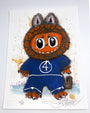 A vibrant Joey Feldman archival pigment print depicts a furry, brown creature with big eyes, cat-like ears, and a blue Fantastic Four suit with a number 4 on its chest. The artwork is signed and numbered.