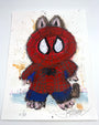 A whimsical Joey Feldman print features a furry raccoon in a Spider-Man costume upright on a white background with paint splatters. This archival pigment print is signed and numbered 42/60 in the bottom left corner.