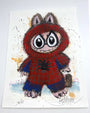 This archival pigment print by Joey Feldman depicts a wide-eyed furry creature in a Spider-Man suit, with big ears and paws. Featuring splashes of paint and hand-painted touches, its signed and numbered 43/60 at the bottom.
