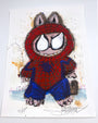 A whimsical Joey Feldman illustration shows a furry animal in a Spider-Man costume with large white eyes and a playful look. This archival pigment print is signed, numbered, and may feature hand-painted embellishments.