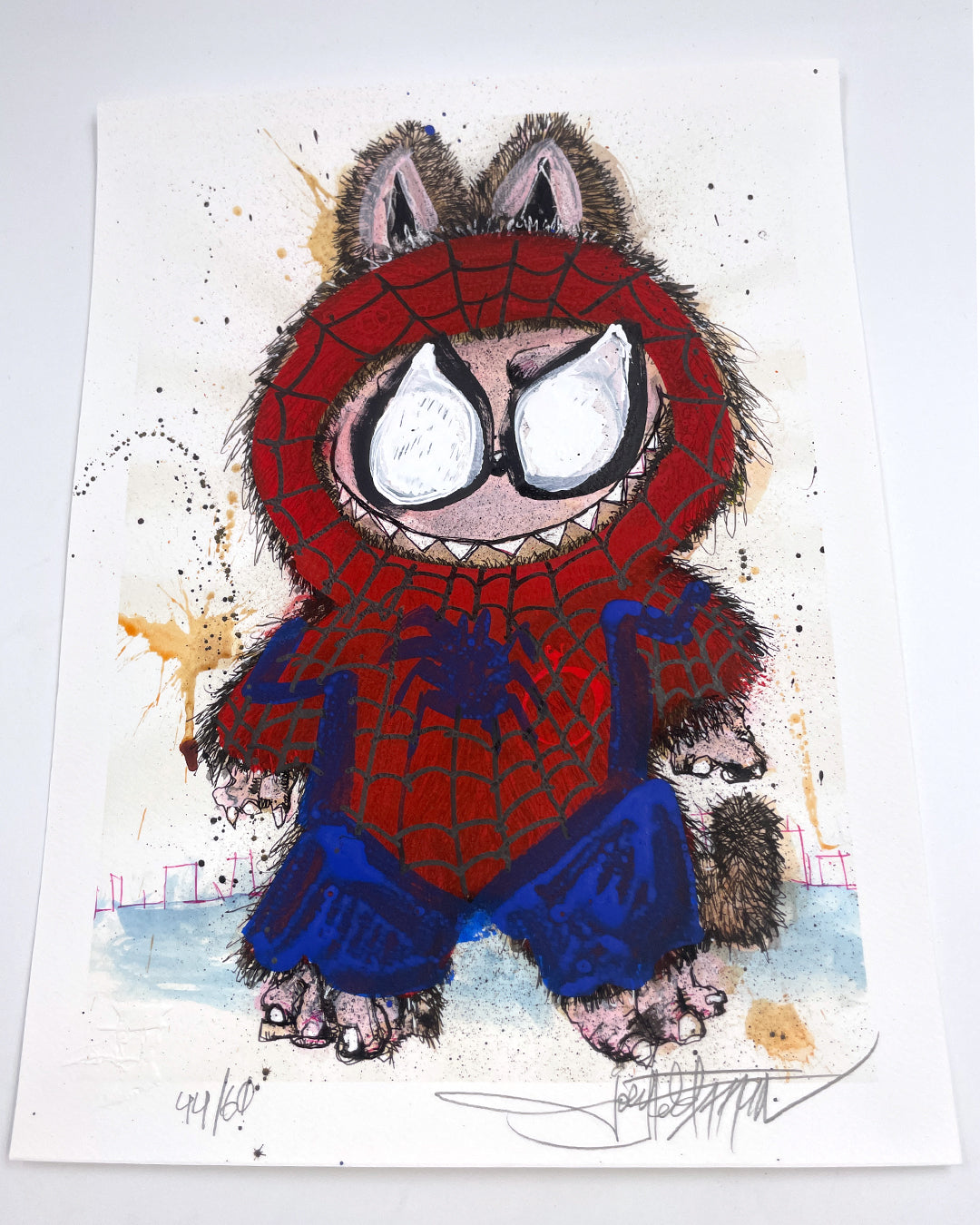 A whimsical Joey Feldman illustration shows a furry animal in a Spider-Man costume with large white eyes and a playful look. This archival pigment print is signed, numbered, and may feature hand-painted embellishments.
