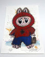 A whimsical Joey Feldman illustration of a wide-eyed animal in a red Spider-Man-style hoodie and blue pants, set on a white background with brown and gold hand-painted details. The artwork includes the artists signature at the bottom.