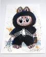 A whimsical Joey Feldman illustration features a wide-eyed character in a furry, Venom-inspired hood with hand-painted details, signed lower left, numbered 48/60 as an archival pigment print.