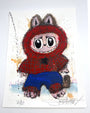 This Joey Feldman-inspired drawing features a wide-eyed furry creature in a red spiderweb hoodie and blue shorts, brought to life with playful splatters, doodle details, and hand-painted accents for true Spider-Man flair.