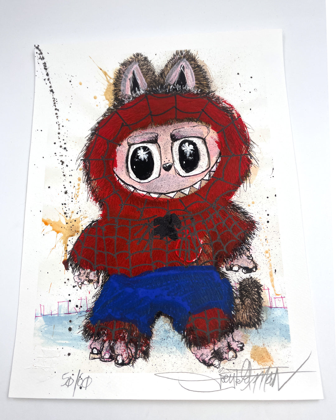 This Joey Feldman-inspired drawing features a wide-eyed furry creature in a red spiderweb hoodie and blue shorts, brought to life with playful splatters, doodle details, and hand-painted accents for true Spider-Man flair.