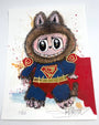 A furry cartoon hero in a cape with an S emblem stands on a colorful splattered background. This Joey Feldman archival pigment print includes hand-painted embellishments and comes signed and numbered.
