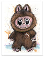 A whimsical, furry creature with big eyes, thick eyebrows, and a lip ring stands upright. Its fluffy brown fur and playful paint splatters reflect Joey Feldman’s hand-painted style. Brand Name: Joey Feldman.