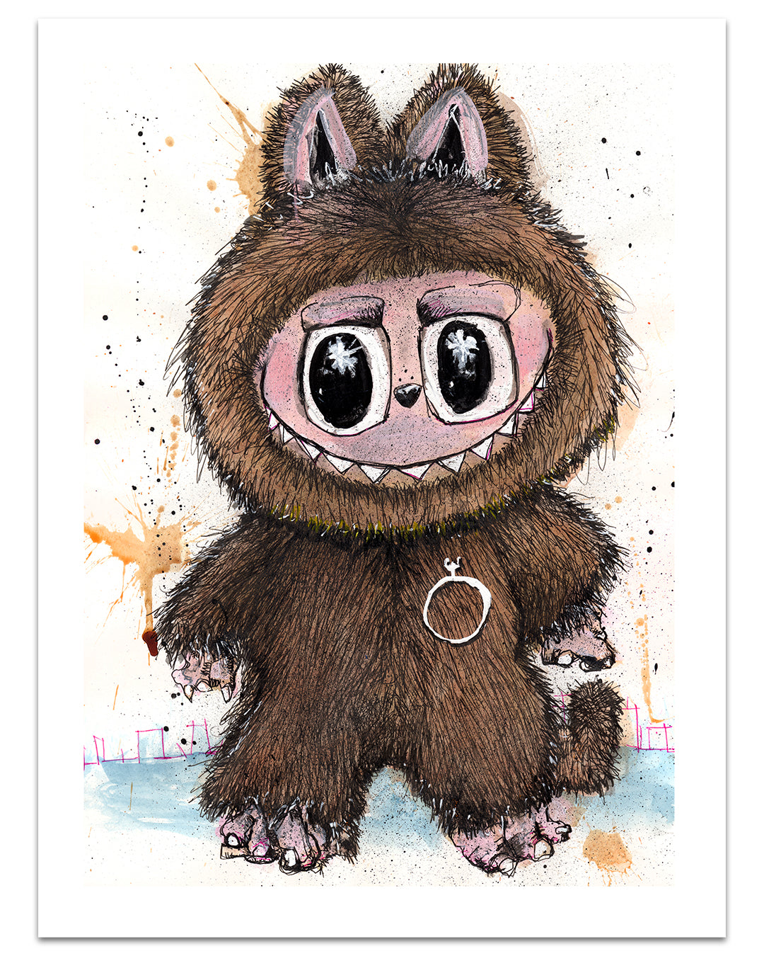 A whimsical, furry creature with big eyes, thick eyebrows, and a lip ring stands upright. Its fluffy brown fur and playful paint splatters reflect Joey Feldman’s hand-painted style. Brand Name: Joey Feldman.