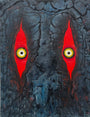 Painting of Godzilla's red eyes with yellow and black pupils 