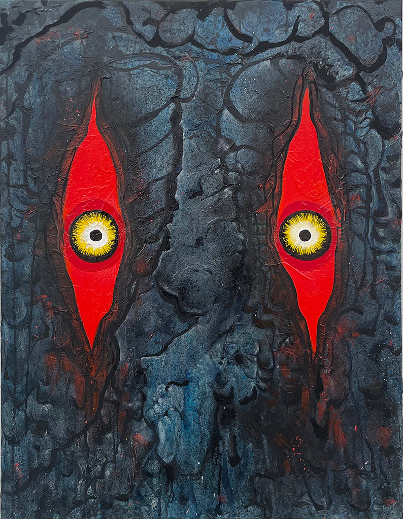 Painting of Godzilla's red eyes with yellow and black pupils 