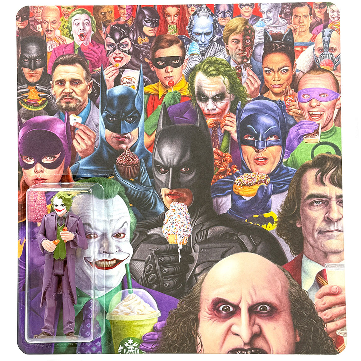 Colorful illustration of Batman characters and villains—Batman, Joker, Catwoman, and Penguin—enjoying donuts and desserts. The scene features a branded Alex Gross-inspired Joker resin figure holding a drink, packaged in the bottom left corner to evoke the look of a distinctive hand-painted collectible.