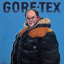 A man in glasses and a puffy winter coat stands before a blue background with "GORE-TEX" above him—Seinfeld-inspired artwork celebrating Spoke Art's 15th Anniversary.