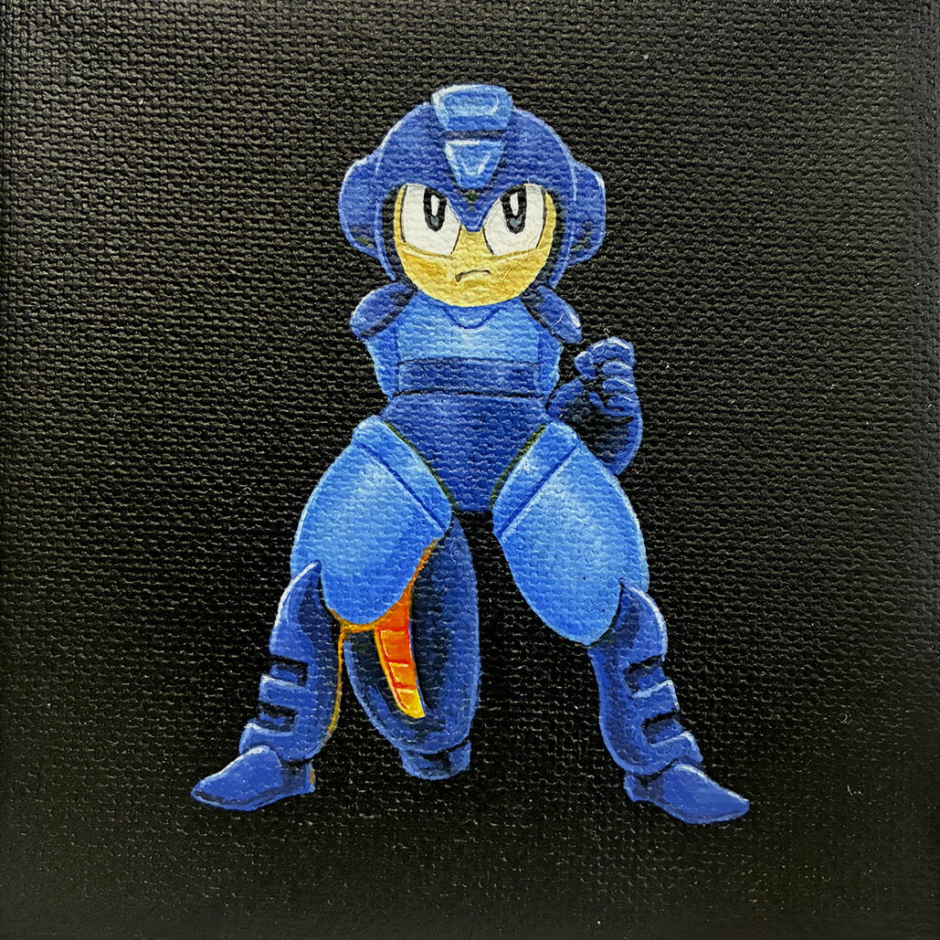 A stylized, cartoon-like character in blue armor with an arm cannon stands against a black textured background—a Joshua Budich tribute to Megaman art for a video game inspired exhibition.