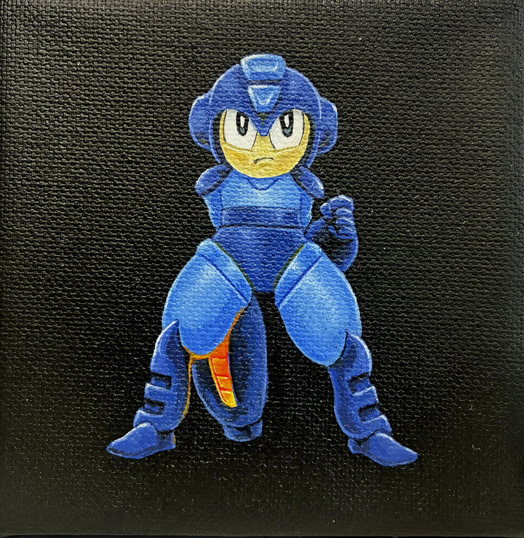 A stylized, cartoon-like character in blue armor with an arm cannon stands against a black textured background—a Joshua Budich tribute to Megaman art for a video game inspired exhibition.
