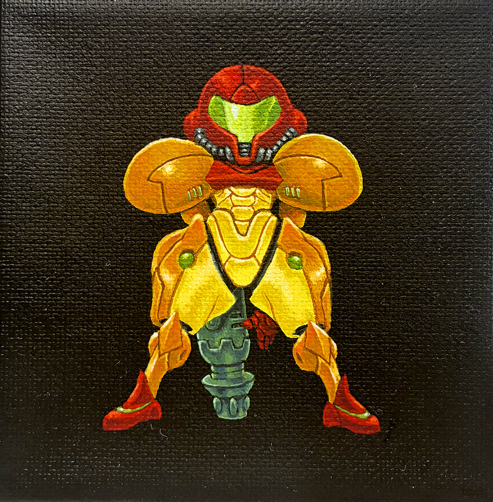 A painting by Joshua Budich depicting a character in yellow and red futuristic armor with a green visor and large shoulder plates, set against a black background—evoking Metroid art and perfect for a video game-inspired exhibition.