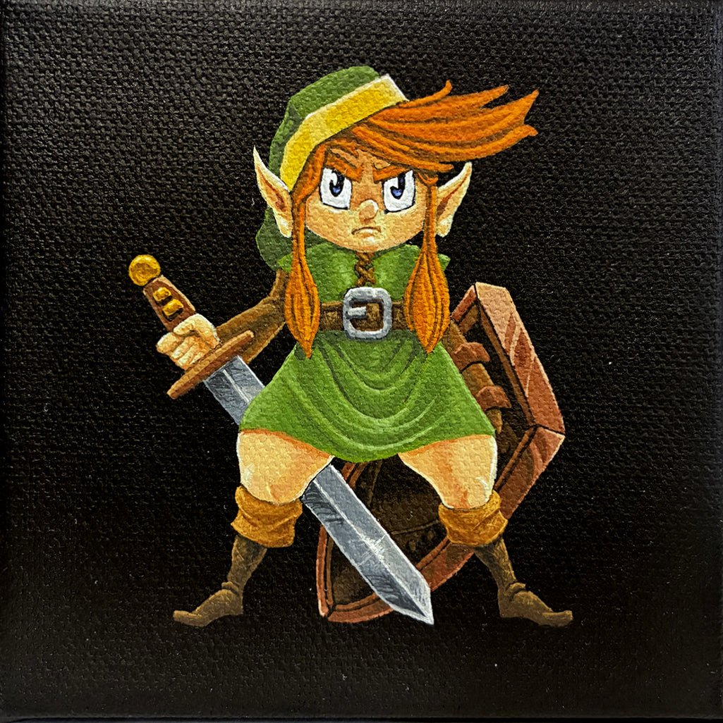 A cartoon-style elf warrior with orange hair, pointy ears, and a green hooded outfit holds a sword and wooden shield against a black background, in a Zelda-inspired pose. Artwork by Joshua Budich.